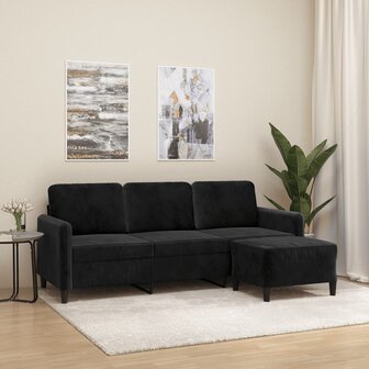 Driezitsbank met voetenbank 180 cm fluweel zwart 1