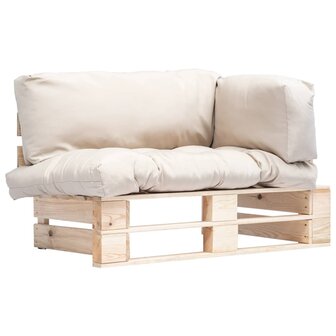 Tuinbank pallet met zandkleurige kussens grenenhout 1