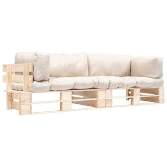 2-delige Tuinbankenset pallet met zandkleur kussens grenenhout 1