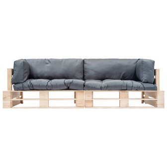 2-delige Tuinbankenset pallet met grijze kussens grenenhout 2