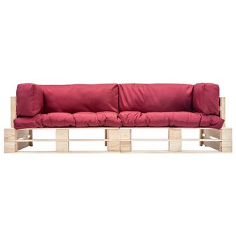2-delige Tuinbankenset pallet met rode kussens grenenhout 2