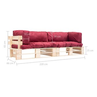 2-delige Tuinbankenset pallet met rode kussens grenenhout 5