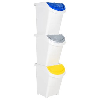 Afvalbakken met deksels stapelbaar 3 st PP 120 L wit 1