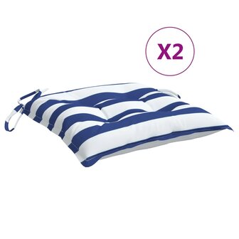 Stoelkussens 2 st gestreept 40x40x7 cm stof wit en blauw 2
