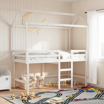 Halfhoogslaper met ladder en bedhuis grenenhout wit 90x200 cm 1
