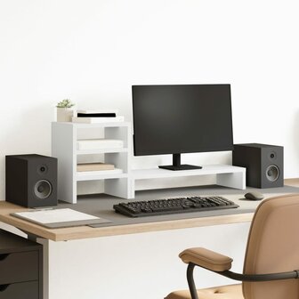 Monitorstandaard met bureau-organizer bewerkt hout wit 1