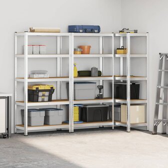 Opbergrekken 5-laags 3 st staal en bewerkt hout zilverkleurig 3
