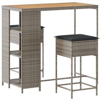 3-delige Tuinbarset met kussens poly rattan grijs 2