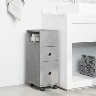 Badkamerkast smal met wielen bewerkt hout betongrijs 3