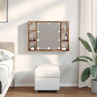 Spiegelkast met LED 76x15x55 cm bewerkt hout oud houtkleurig 3