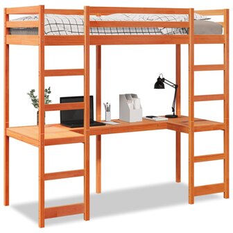 Hoogslaper met bureau grenenhout wasbruin 90x200 cm 2