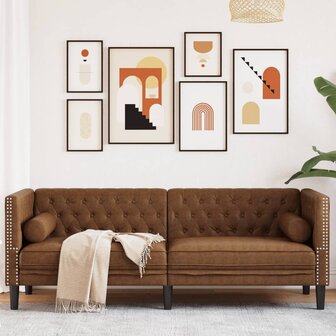 Driezitsbank Chesterfield-stijl met bolsters kunstsu&egrave;de bruin 1
