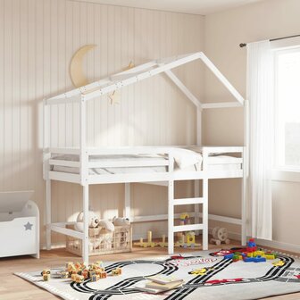 Halfhoogslaper met ladder en bedhuis grenenhout wit 90x200 cm 1