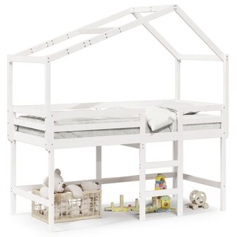 Halfhoogslaper met ladder en bedhuis grenenhout wit 90x200 cm 2