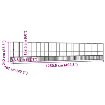 Voli&egrave;re met verlengstuk 1250,5x107x212 m staal zilverkleurig 8
