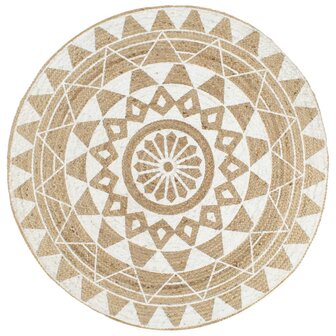 Vloerkleed handgemaakt met witte print 120 cm jute 1