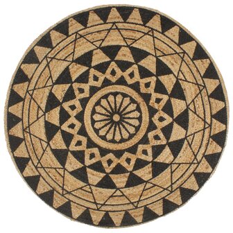 Vloerkleed handgemaakt met zwarte print 120 cm jute 1