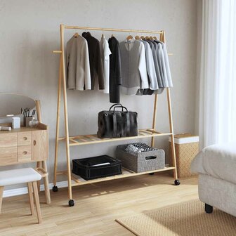 Kledingrek met schappen en wielen 132x45,5x155,5 cm bamboe 2