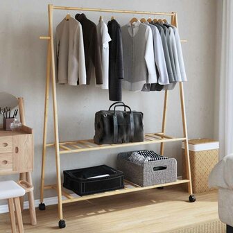 Kledingrek met schappen en wielen 132x45,5x155,5 cm bamboe 3