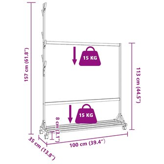 Kledingrek met haken en wielen 100x35x157 cm bamboe 9