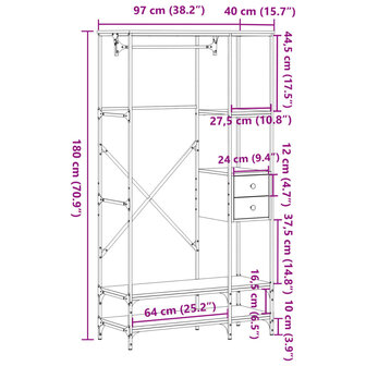 Kledingrek met schappen bewerkt hout grijs sonoma eikenkleurig 9