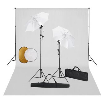 Fotostudioset met lampen, paraplu&amp;apos;s, achtergrond en reflector 1