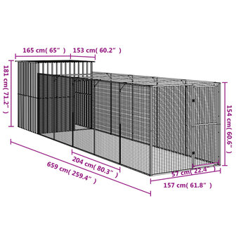 Hondenhok met ren 165x659x181 cm gegalvaniseerd staal grijs 8