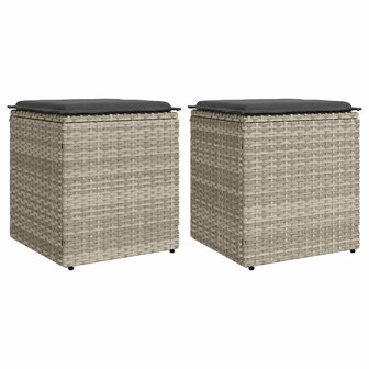Tuinkrukken met kussens 2 st 40x40x43 cm poly rattan lichtgrijs 1