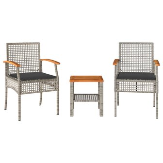 3-delige Bistroset met kussens poly rattan en acaciahout grijs 2
