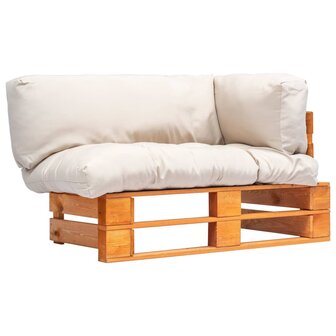 Tuinbank met zandkleurige kussens pallet grenenhout 1