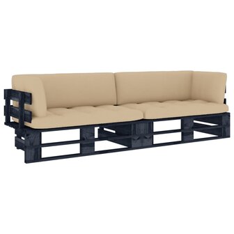 Tweezitsbank pallet met kussens zwart ge&iuml;mpregneerd grenenhout 1
