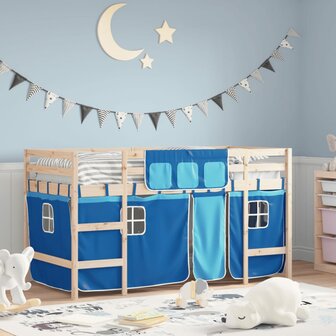 Kinderhoogslaper met gordijnen 90x190 cm grenenhout blauw 1