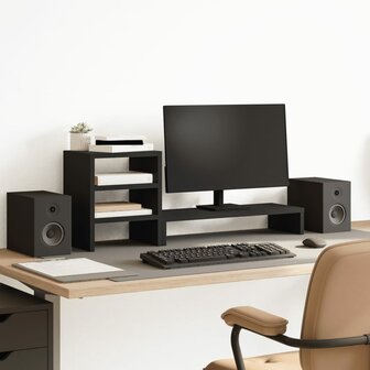 Monitorstandaard met bureau-organizer bewerkt hout zwart 1
