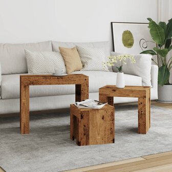 3-delige Tafeltjesset bewerkt hout oud houtkleurig 3
