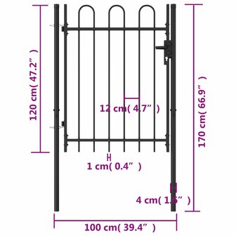 Poort met gebogen bovenkant enkel 1x1,2 m staal zwart 5