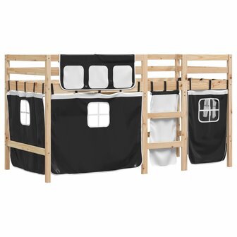 Kinderhoogslaper met gordijnen 90x200 cm grenenhout wit zwart 3