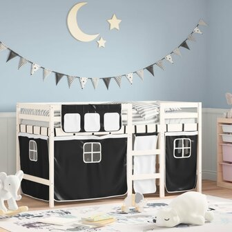 Kinderhoogslaper met gordijnen 90x200 cm grenenhout wit zwart 1