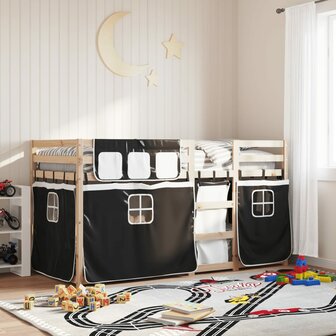 Stapelbed met gordijnen 75x190 cm grenenhout wit en zwart 1