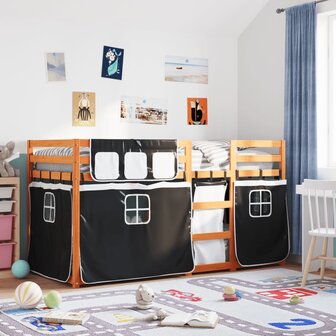 Stapelbed met gordijnen 75x190 cm grenenhout wit en zwart 1