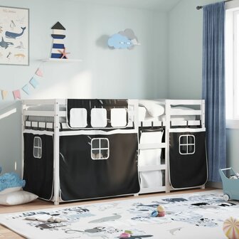 Stapelbed met gordijnen 90x190 cm grenenhout wit en zwart 1