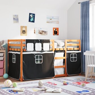 Stapelbed met gordijnen 90x200 cm grenenhout wit en zwart 1