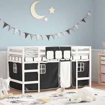 Kinderhoogslaper met gordijnen 90x200 cm grenenhout wit zwart 1