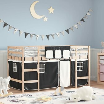 Kinderhoogslaper met gordijnen 90x190 cm grenenhout wit zwart 1