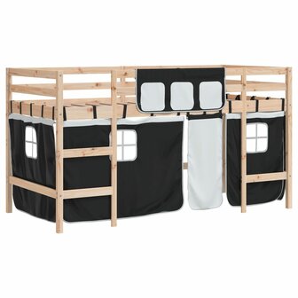 Kinderhoogslaper met gordijnen 90x190 cm grenenhout wit zwart 2