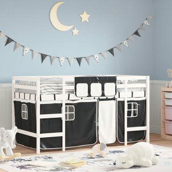 Kinderhoogslaper met gordijnen 90x190 cm grenenhout wit zwart 1
