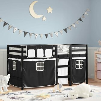Kinderhoogslaper met gordijnen 90x190 cm grenenhout wit zwart 1