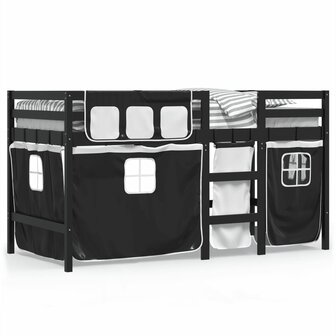 Kinderhoogslaper met gordijnen 90x190 cm grenenhout wit zwart 2
