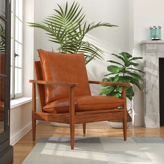 Fauteuil echt leer met acaciahout bruin   1