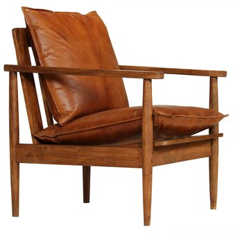 Fauteuil echt leer met acaciahout bruin   2