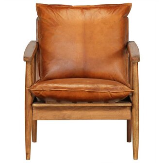 Fauteuil echt leer met acaciahout bruin   4